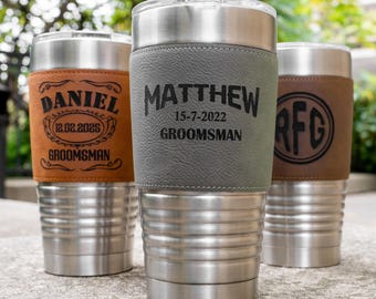 Custom Leather Tumbler Gift for Man, Groomsmen Invitation Gift, Personalized Stainless Steel Tumbler with Lid, Groomsmen Gifts, Travel Mug