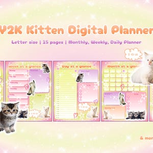 Puede incluir: Un planificador digital con una estética Y2K con gatitos. El planificador incluye vistas mensuales, semanales y diarias. La portada presenta un gatito blanco con orejas rosas y un corazón rosa.