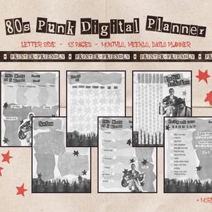 May include: A digital planner with a punk rock theme. The planner includes pages for monthly, weekly, and daily planning. The pages are decorated with black and white images of punk rock icons and music.