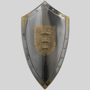 Bouclier médiéval du roi Arthur | Décoration murale chevalier en acier à trois couronnes | Réplique d'accessoire des Templiers et cadeau de jeu de rôle