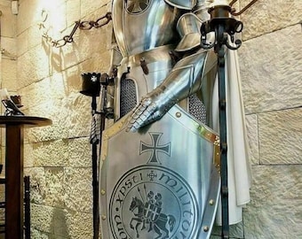 Full Size 6 Feet Knights Templar Suit Of Armour Medieval Roman Armor Suit Solid Steel With Complete Stand Home Decor Polish Finish