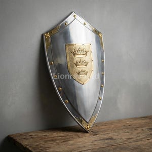 Medieval King Arthur Shield | Three-Crowns Steel Knight Wall Decor | Templar Prop Replica & Roleplay Gift