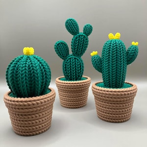 Può includere: Tre cactus lavorati a maglia in vasi marroni intrecciati. I cactus sono di varie forme e dimensioni, con corpi verdi e piccoli accenti di fiori gialli. I vasi hanno un aspetto strutturato simile a una corda.