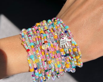 23 Strand Multicolor Confetti Seed Bead Bracelet with Colorful Sparkling Crystals