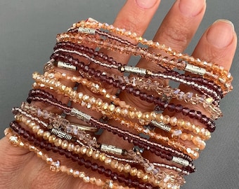 Beige and Brown 9-Strand Stretch Bracelet | Layered Beaded Jewelry | Boho Stackable Bracelet