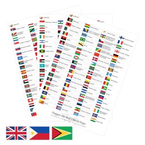 Könnte beinhalten: Drei Blätter Papier mit Flaggen der Welt darauf gedruckt. Die Flaggen sind in Spalten und Reihen angeordnet, wobei der Name des Landes und sein englischer und deutscher Name unter jeder Flagge gedruckt sind. Der Text am unteren Rand des Blattes lautet "Flaggen der Welt | World Flags".