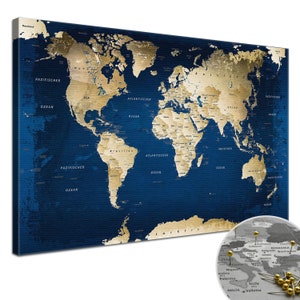 Lana KK® - Premium Weltkarte Pinnwand, "Ocean" Deutsch, Leinwand zum Pinnen der Reiseziele als Wandbild - Reisewelt Karte ocean