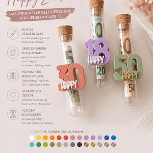 Money gift in the shape of a number with a test tube – a unique birthday gift idea | 18, 25, 30, 40, 50, 60, 70, 80 | Many colors to choose from