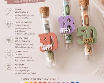 Money gift in the shape of a number with a test tube – a unique birthday gift idea | 18, 25, 30, 40, 50, 60, 70, 80 | Many colors to choose from
