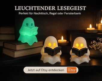 Glowing reading ghost as a night light – 3D-printed LED decoration for bookshelves & windowsills – warm white mood light, glow in the dark