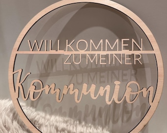 Loop aus Holz Kommunion Schriftzug / Geschenk Kommunion Laserschnitt / Holzring Türschild Lasercut / Wanddeko /Türdeko / Türkranz Ring/Kranz