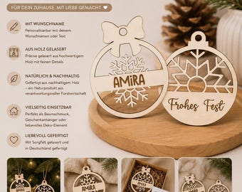 Personalized wooden Christmas bauble ornament with name, Christmas tree decoration with snowflakes, Christmas gift, gift tag