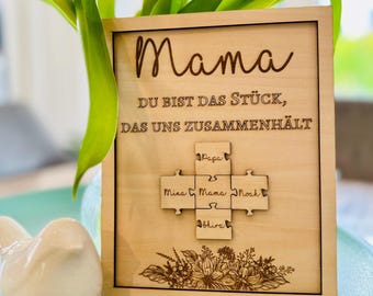 Wooden jigsaw puzzle – personalized with the names of your loved ones, ideal for up to 6 people. A unique Mother's Day or family gift.