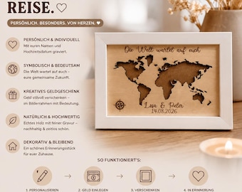 Wedding money gift | World map in a picture frame | Personalized wedding gift with names & date | Wedding gift for couples: travel