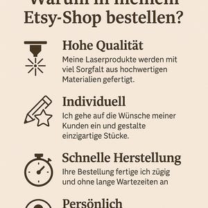 May include: A cream-colored graphic with text in German, advertising the benefits of shopping at ZaibertCreativstudio's Etsy shop. The text highlights high quality, custom designs, fast production, and personal service.