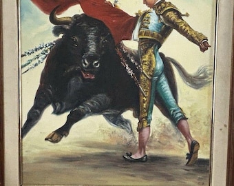 Vintage 1960s Spanish Matador Bullfighter Oil Painting Signed C.G. Framed MCM