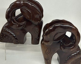 Mid Century MCM Pair Ram Aries Zodiac Mahogany Hand Carved Wood Bookends Decor
