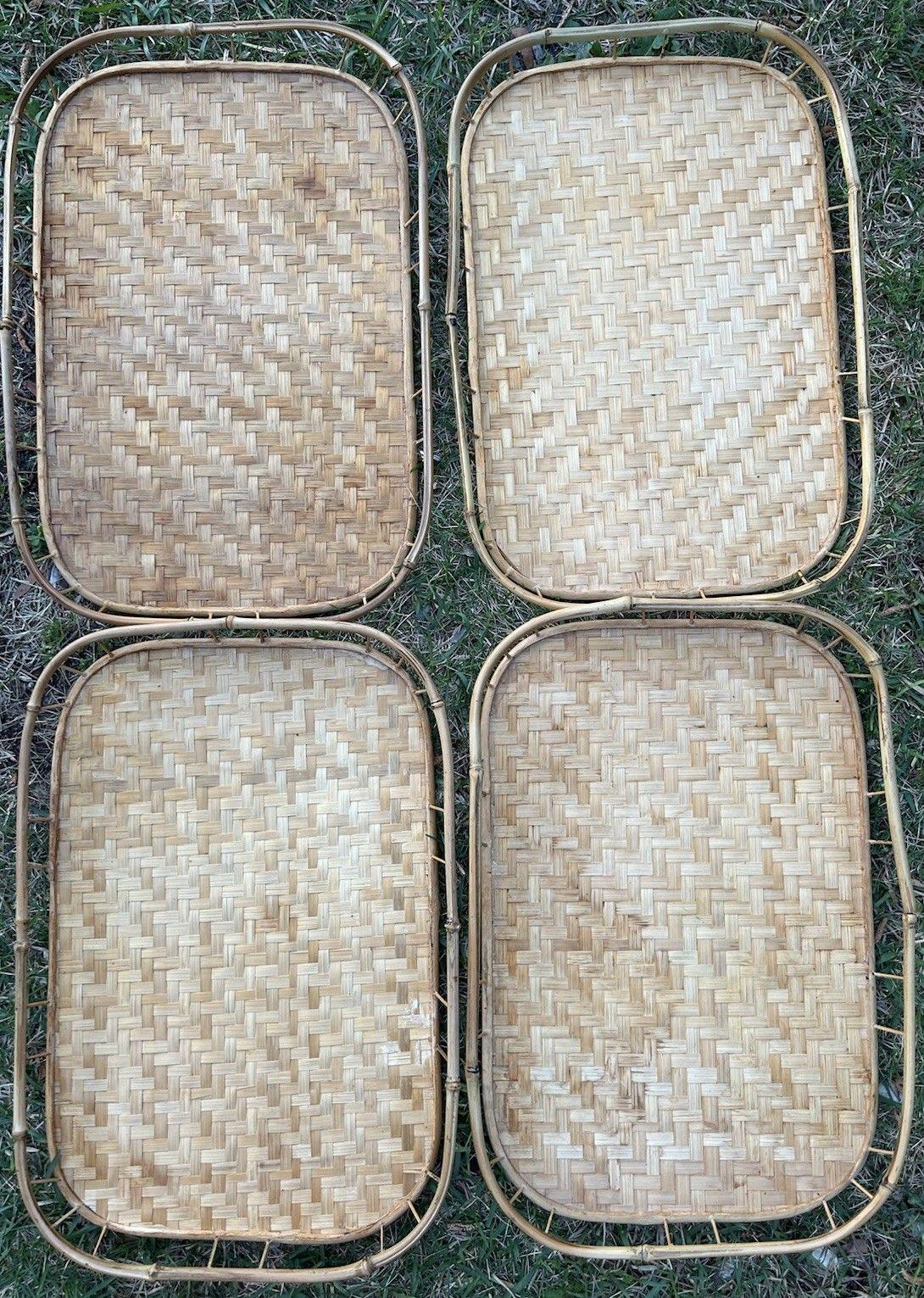 Lot of 4 Unbranded Rattan Bamboo Woven Serving Lap Trays Tiki Boho 18" X 12"