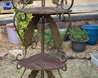 Corner Plant Stand Folding Shelf Swirled Heavy Metal Tropical Bamboo 55