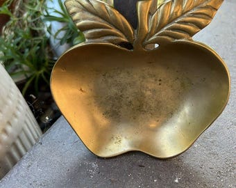 Vintage Solid Brass Apple Trinket Dish Catch All Tray Ashtray Teacher Gift