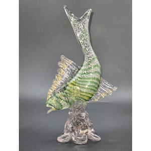 Murano Glass Hand Blown Green Fish Silver & Gold Aventurine 10.75&quot;