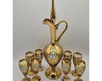 Vintage Italian Venetian Gilt Glass Liquor Decanter Set Enamel Cordial Glasses