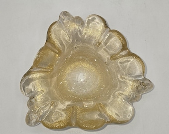 Murano Gold Fleck Art Glass Ashtray 4.5" Hand Blown Venitian Glass