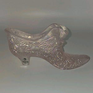 Vintage Fenton Art Glass Iridescent Opalescent Pink Cat Head Slipper Shoe 6&quot;