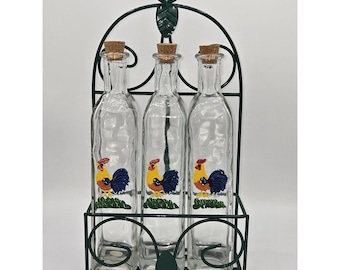 Vintage Rooster Oil and Vinegar Glass Bottles In Holder Set of 3