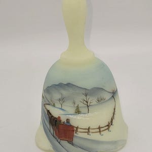 Fenton Glass Bell Custard Uranium Satin GOING HOME 1980 Painted By M. Dickinson