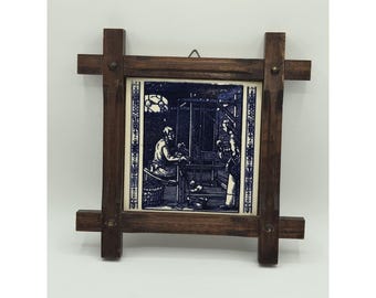 Vintage Delft Blue Tile Loom Worker Wall Plaque Wooden Tramp Art Style Frame