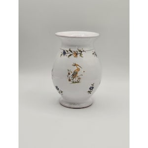 French Faience Style Hand Painted Vase Bird Floral Motif White Glazed Pottery