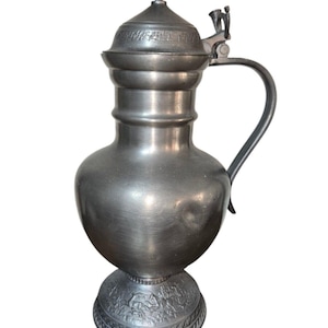 Antique Pewter Lidded Wine Jug Horn Accent 11&quot;