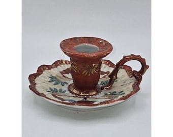 Kutani Nine Valleys Japanese Red Porcelain Chamberstick Candle Holder Geisha