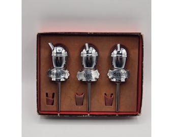 Juego de dosificadores de bar vintage para bourbon, centeno y whisky escocés, con boquillas cromadas para botellas de licor.