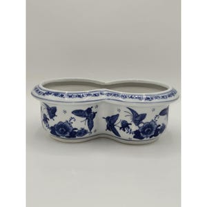 Vintage Blue White Porcelain Double Planter Butterfly Floral Cache Pot Japan