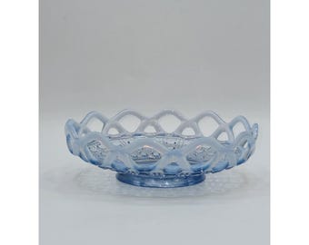 Imperial Glass Blue Milk Glass Open Lace Edge Candy Dish Compote Bowl