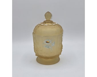 Westmoreland Yellow Mist Satin Glass Covered Candy Dish Hand Painted Daisies