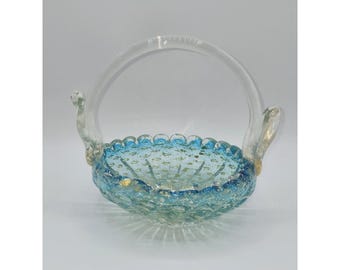 Cesta de cristal artístico veneciano Murano Nasco azul aguamarina con motas doradas