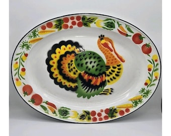 Bandeja vintage de pavo esmaltada para Acción de Gracias de 44 cm