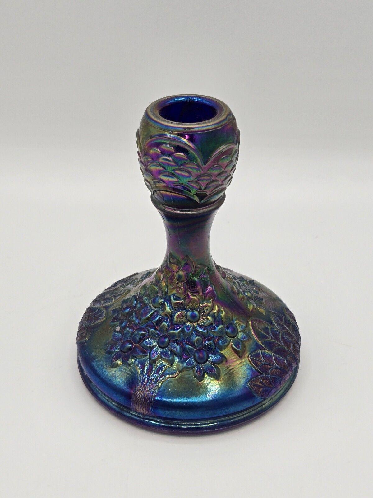 Fenton Orange Tree Cobalt Carnival Glass Candle Stick Holder