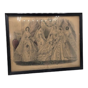 Antique 1861 Godey&#39;s Fashions Hand Colored Fashion Print 10x13