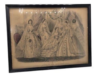 Antique 1861 Godey&#39;s Fashions Hand Colored Fashion Print 10x13