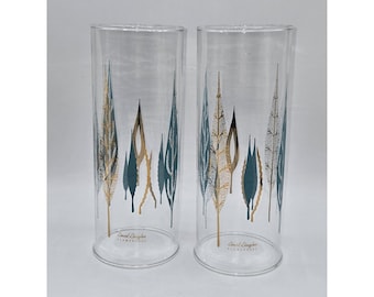 David Douglas Hurricane Lamp Chimney Pair Atomic Leaf Aqua Gold Flameproof 1950s