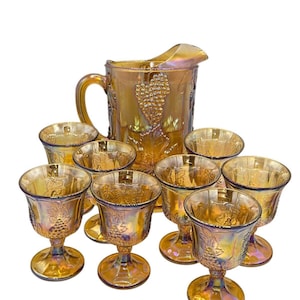 Indiana Glass Marigold Carnival Pedestal Pitcher Harvest Grape & 8 Goblet Set