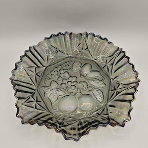 Federal Glass Pioneer Smoke Iridescent Carnival Glass 11&quot; Fruit Bowl Vintage