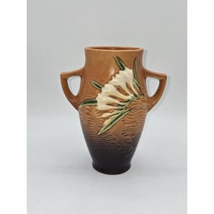 Roseville Freesia Vase 117-6 Double Handle Brown Art Pottery 1940s