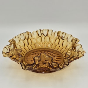 Fenton Colonial Thumbprint Amber 8&quot; Bowl Double Crimped Ruffled Edge