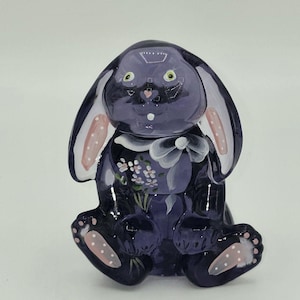 FENTON アートガラス ブルー フロッピーイヤー ウサギ 手描き 花