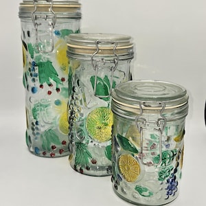 Vintage retro glazen opbergdoos met fruitreliëf, set van 3